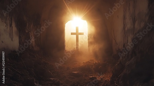 Resurrection with cross, empty tomb, and morning sunlight photo