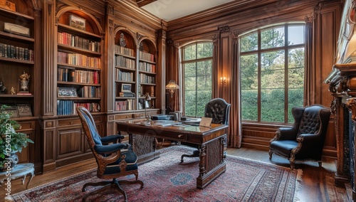 Opulent Wooden Library Office with Large Windows