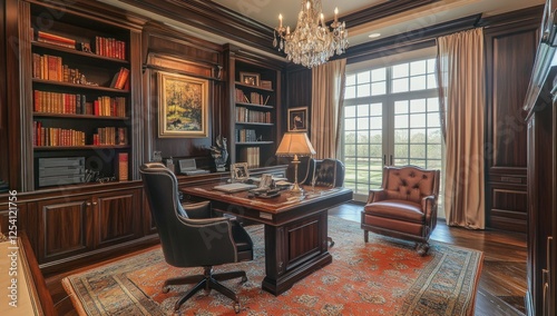 Luxurious Home Office with Mahogany Wood and Elegant Decor