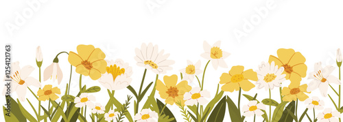 Horizontal white banner or floral background decorated with gorgeous colorful blooming flowers and leaf border. Spring botanical vector illustration on white background