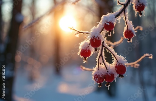 Winter natural scene. Red berries covered with snow. Sparkling sunlight during Hibernal. December seasonal greeting, bright forest background with sun. photo