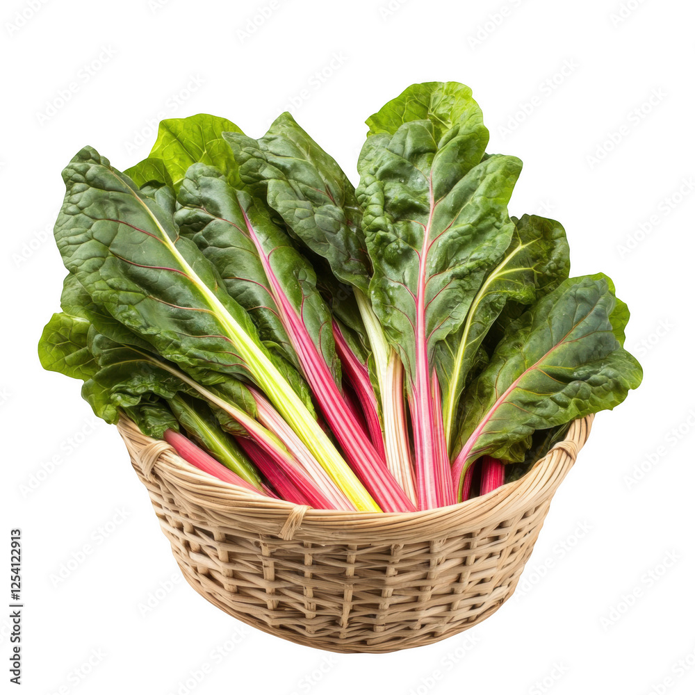 Freshly harvested Swiss chard displayed in a woven basket against a white background showcasing the vibrant greens and pink stalks, perfect for culinary use Freshly harvested Swiss chard displayed in a woven basket against a white background showcasing the vibrant greens and pink stalks, perfect for culinary use