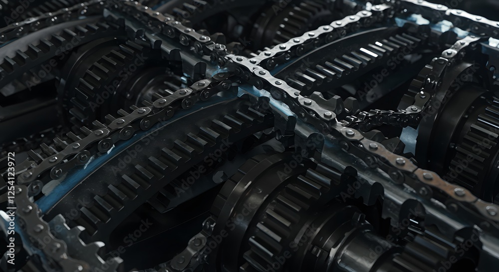 Close-up View of Complex Black Gears and Chains Interconnected Mechanism Close-up View of Complex Black Gears and Chains Interconnected Mechanism