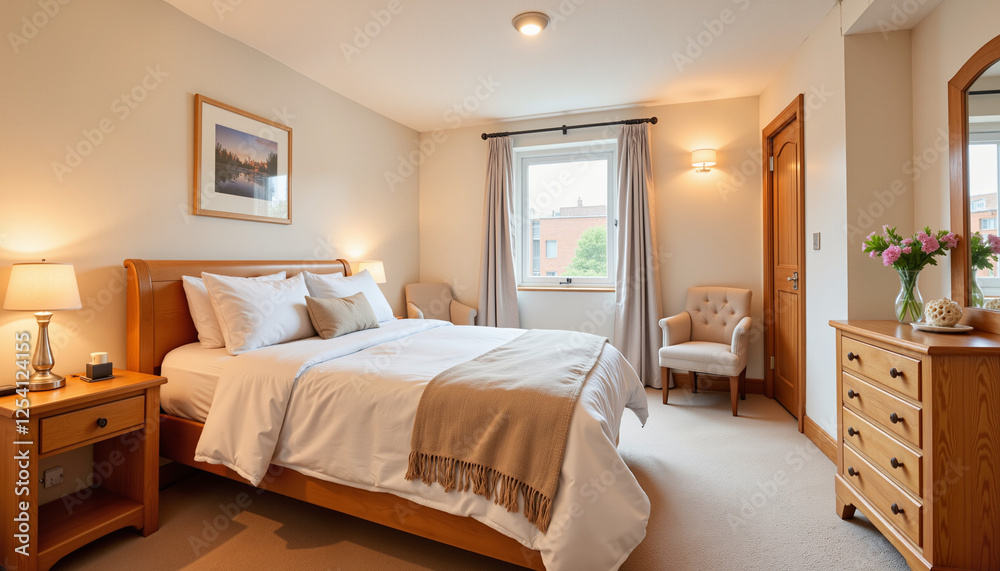Cozy bedroom with soft linens and warm lighting, inviting tranquility Cozy bedroom with soft linens and warm lighting, inviting tranquility