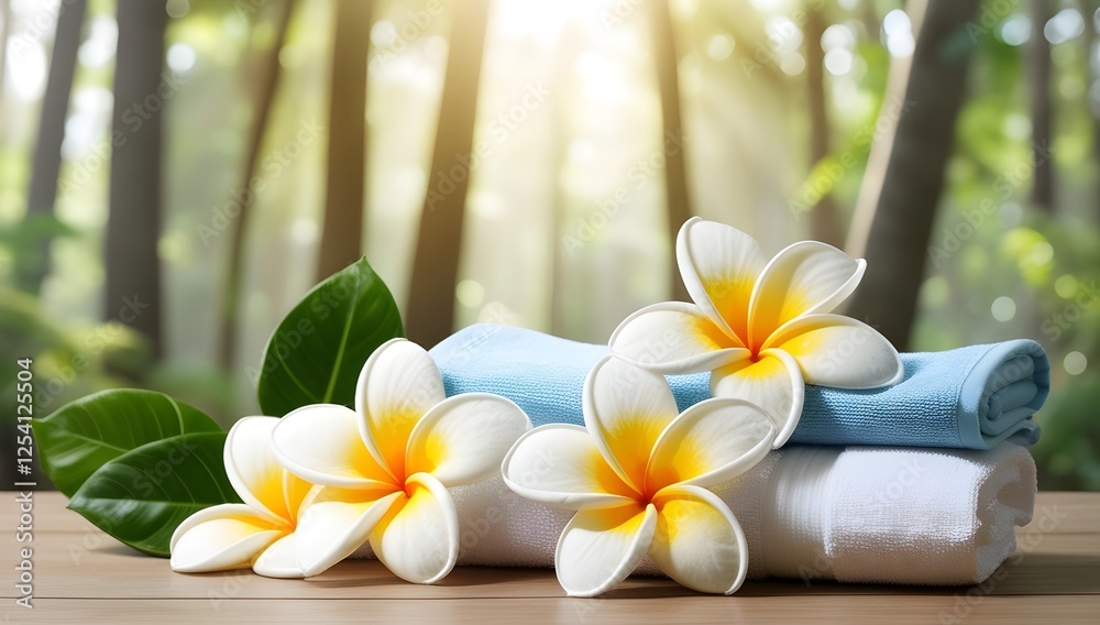 tranquil nature setting with soft sunlight, folded towels, and plumeria blossoms for relaxation concepts tranquil nature setting with soft sunlight, folded towels, and plumeria blossoms for relaxation concepts