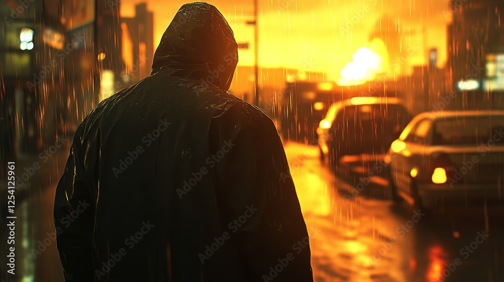 In the evening, a person clad in protective gear stands in the rain near a blazing fire at an industrial site.