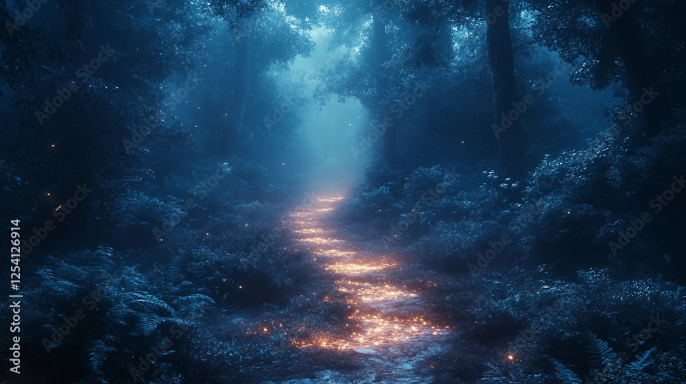 Dark forest with a glowing path, magical atmosphere, fantasy style, rich details in shadows and light Dark forest with a glowing path, magical atmosphere, fantasy style, rich details in shadows and light