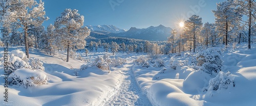 Snowy path through winter forest, mountain backdrop, sunrise