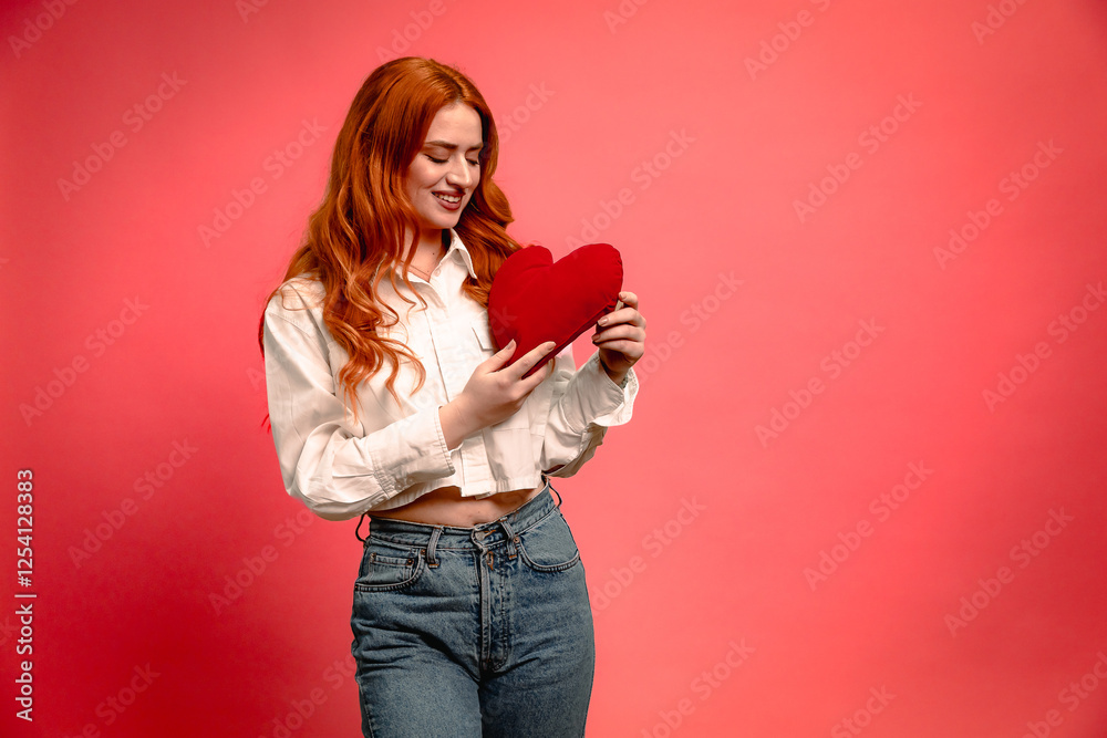 Joyful Redhead Woman Holding Heart Pillow Valentines Day Celebration in Studio Joyful Redhead Woman Holding Heart Pillow Valentines Day Celebration in Studio