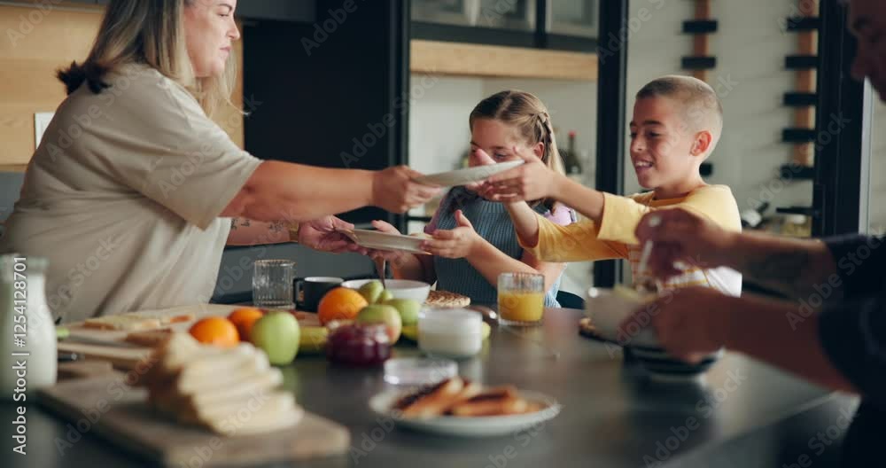 Breakfast, family and serving food in kitchen for healthy nutrition, bonding together and morning routine. Hungry, parents and children in home for toasted sandwich, relationship and wellness meal