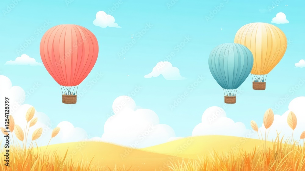 Obraz premium Hot air balloons drift gracefully over expansive golden fields under a clear blue sky during a sunny day. Generative AI