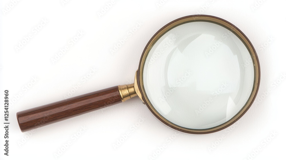 A classic magnifying glass with a wooden handle, used for close inspection and enhancing visibility of small details. A classic magnifying glass with a wooden handle, used for close inspection and enhancing visibility of small details.