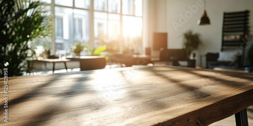 Sunlit Wooden Table In Modern Office Setting