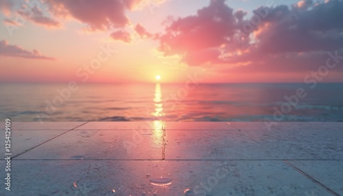 Tranquil sunset view with pink, orange sky reflecting on wet tiled floor. Gentle ocean with sunlight path on horizon. Serene nature landscape, twilight mood.