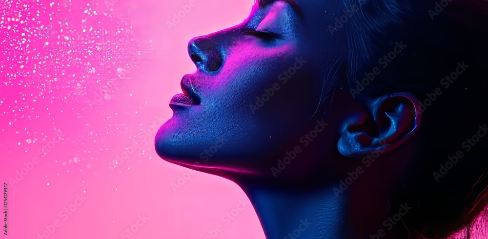 A digital painting captures a serene woman with closed eyes, her face bathed in vibrant, swirling oils A digital painting captures a serene woman with closed eyes, her face bathed in vibrant, swirling oils