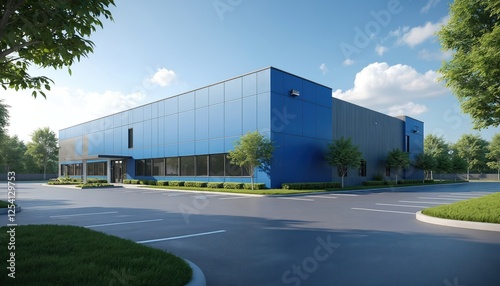 Wallpaper Mural Modern blue industrial building exterior with parking. Commercial architecture under clear sky. Office block, factory or warehouse. Green trees around. Sunny summer day. Real estate business. Torontodigital.ca
