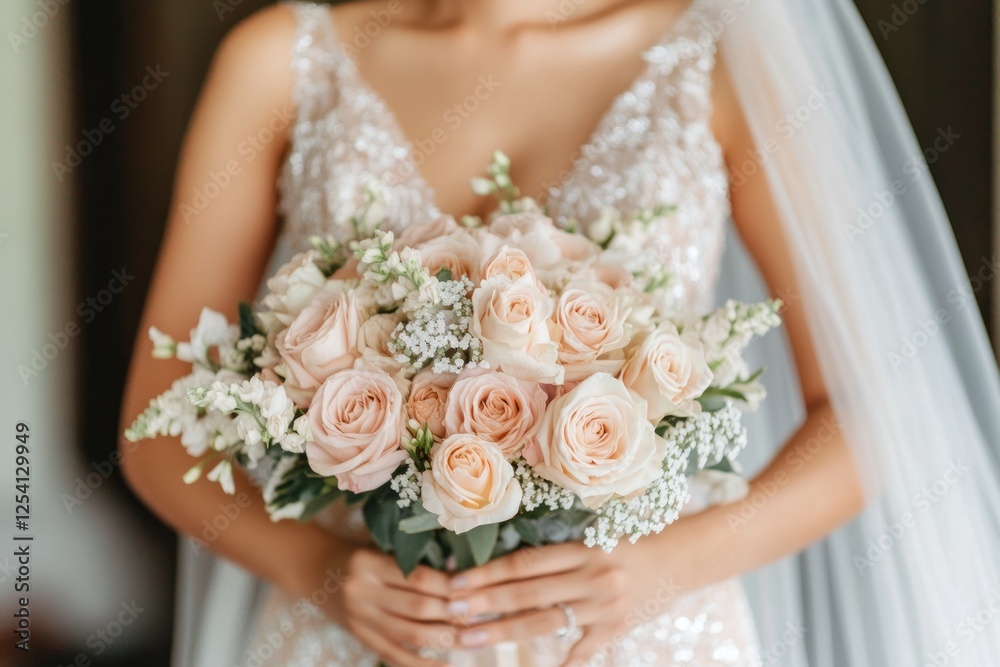 Naklejka premium Bride holding a beautiful blush rose bridal bouquet