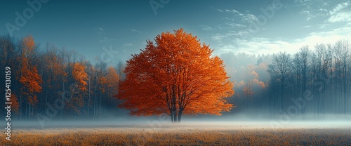 Solitary autumn tree in misty forest. Peaceful nature scene