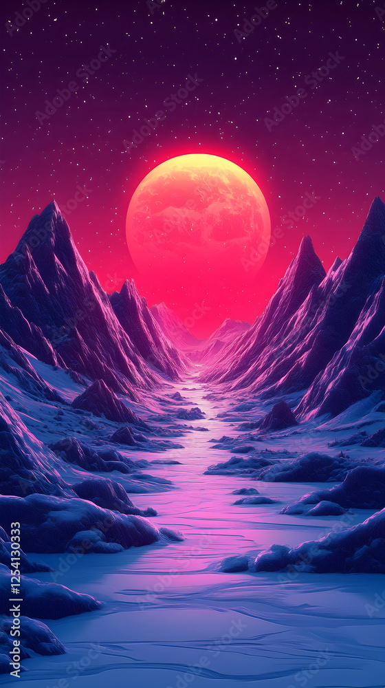 Fototapeta premium Mystical Starry Night Landscape: Vibrant Digital Art of Mountains at Sunrise with Fantasy Reflections in River and Surreal Purple Moonlight