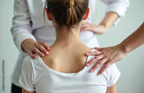 Teen girl back being adjusted by chiropractor. Osteopathy physiotherapy kinesiology bad posture correction to promote health. Doctor treats spinal problems. Improving well-being, provides pain relief.