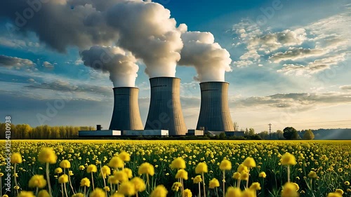 Nuclear Power Plant with Cooling Towers Emitting Steam in a Green Field of Yellow Flowers Under a Clear Blue Sky

 photo