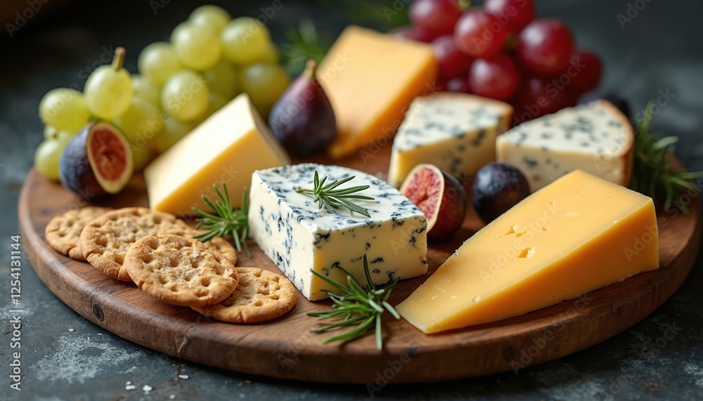 Gourmet cheese platter with variety of cheeses brie, cheddar, blue. Rustic wooden board arrangement with grapes, figs, crackers on dark stone table. Perfect appetizer for wine tasting. Gourmet cheese platter with variety of cheeses brie, cheddar, blue. Rustic wooden board arrangement with grapes, figs, crackers on dark stone table. Perfect appetizer for wine tasting.