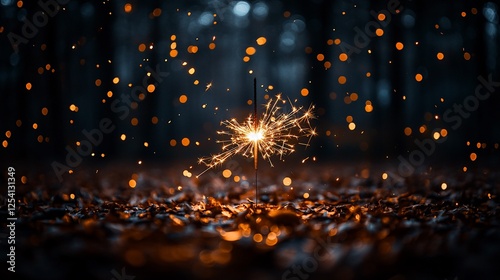 Sparklers in autumn forest at night, bokeh background; celebration