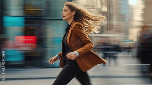 Businesswoman running downtown financial district. wealthy rich successful businesswoman walking in big city modern skyscrapers street on sunset thinking of successful future