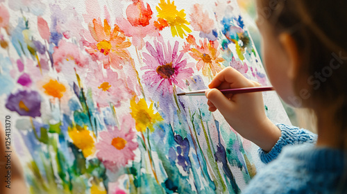 A child painting a flower garden with bright watercolors, layering different colors to create depth and dimension in the floral composition. photo