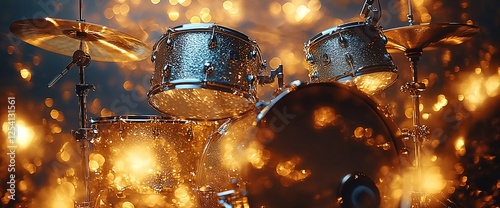 Sparkling drum kit on stage, concert background