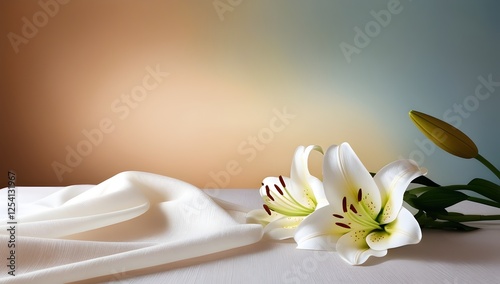 elegant fabric and lilies on abstract background with gentle color gradient for use in campaigns related to interior design, wellness, or mindfulness