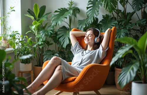 Carefree young woman in headphones relaxes body, mind listening soothing music. Female rests in orange armchair surrounded tropical plants. Exotic indoor garden at home.