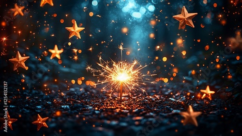 Sparkling starlit night; celebration; magical forest background; festive card