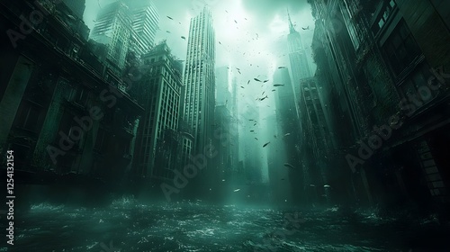 A flooded megacity, where skyscrapers peek through the mist, and fish swim in submerged streets