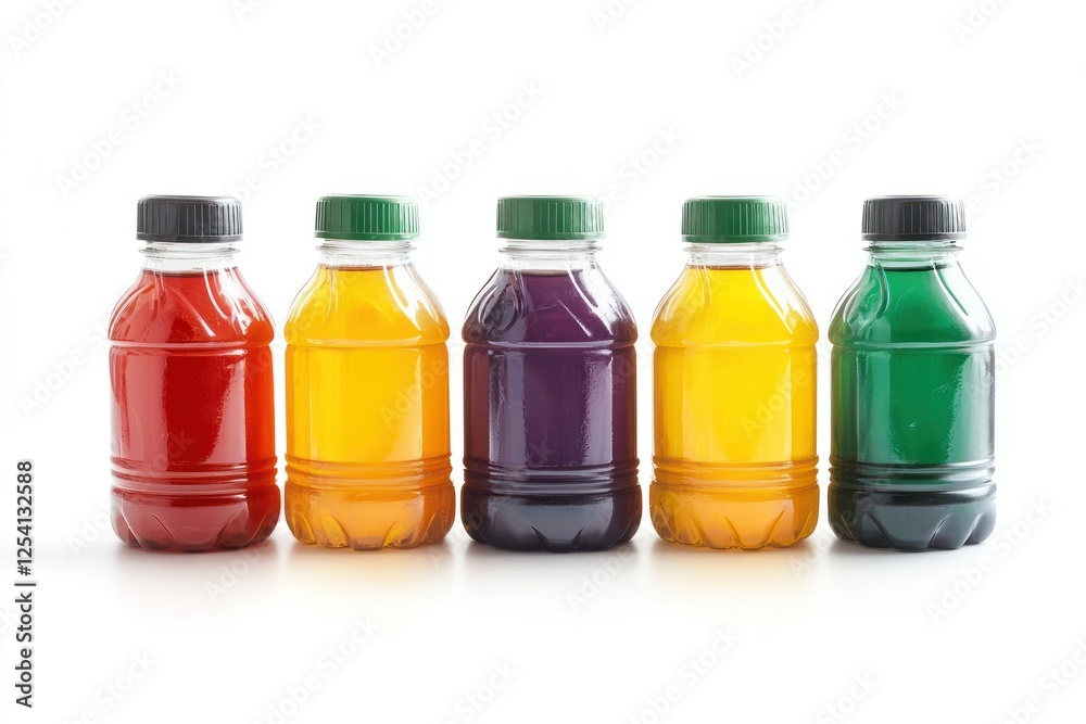 Five colorful plastic bottles of juice on white background. Five colorful plastic bottles of juice on white background.