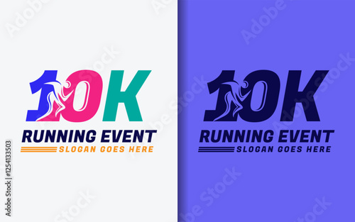 10 K Running Event Symbol. Fun Colorful Running People Combined with Number 10. Sport Vector Symbol icon Illustration.