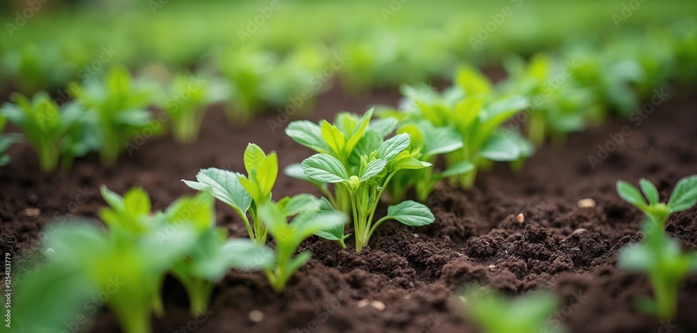 Vegetable garden features green plants rows, different development stages. Spring plantation, cultivate life. Agriculture with small germinating sprouts, seedlings, young tomatoes in organic dirt. Vegetable garden features green plants rows, different development stages. Spring plantation, cultivate life. Agriculture with small germinating sprouts, seedlings, young tomatoes in organic dirt.