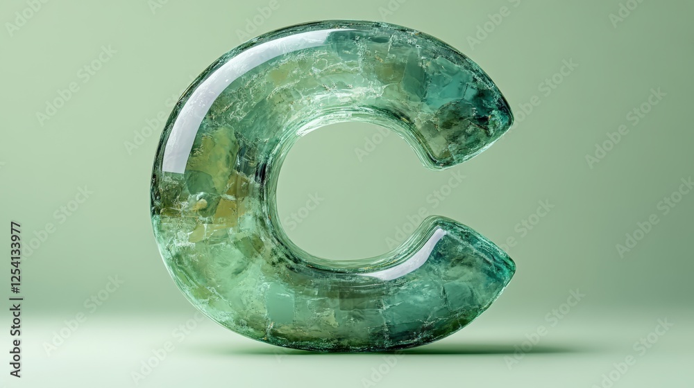 Transparent green glass letter C with a crystalline texture on a soft green background Transparent green glass letter C with a crystalline texture on a soft green background