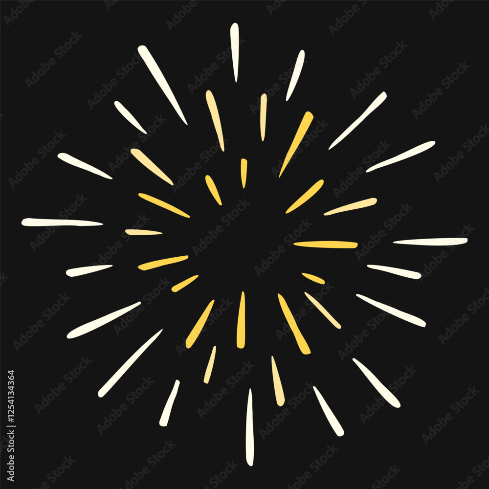 Vector hand drawn illustration of light rays, firework, sunburst. Vintage style element, round frame, isolated on black background. Vector hand drawn illustration of light rays, firework, sunburst. Vintage style element, round frame, isolated on black background.
