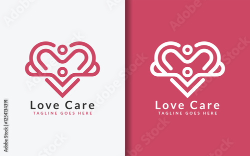 Love Care Logo Design. Two Connected People Combined With Heart Symbol.