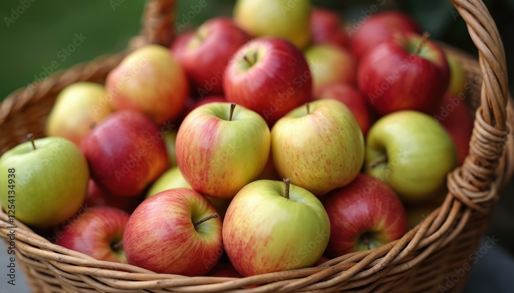 Full wicker basket of fresh ripe apples. Red, green, yellow fruits. Autumn harvest. Healthy eating, vegetarian food, diet, vitamins, raw snack on blurred garden background. Full wicker basket of fresh ripe apples. Red, green, yellow fruits. Autumn harvest. Healthy eating, vegetarian food, diet, vitamins, raw snack on blurred garden background.