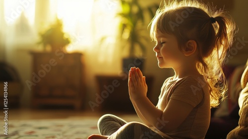 Child Praying in a Peaceful Setting A child praying peacefully in a cozy room, creating a moment of spirituality and connection with family.