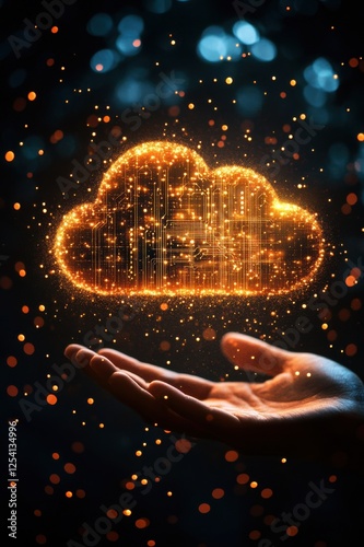 Creating a digital cloud concept in a hand technology visualization dark background