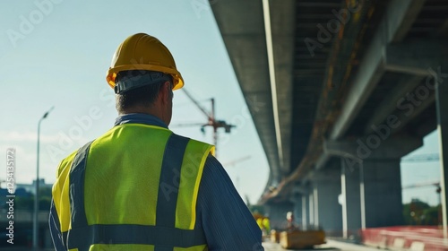 An intimate portrait of a construction supervisor overseeing safety protocols and equipment usage at a bridge construction site, Bridge construction safety scene, Supervisory scrutiny style