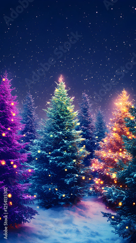 Enchanting Winter Wonderland: Snow-Covered Christmas Trees and Holiday Lights in Serene Night Landscape