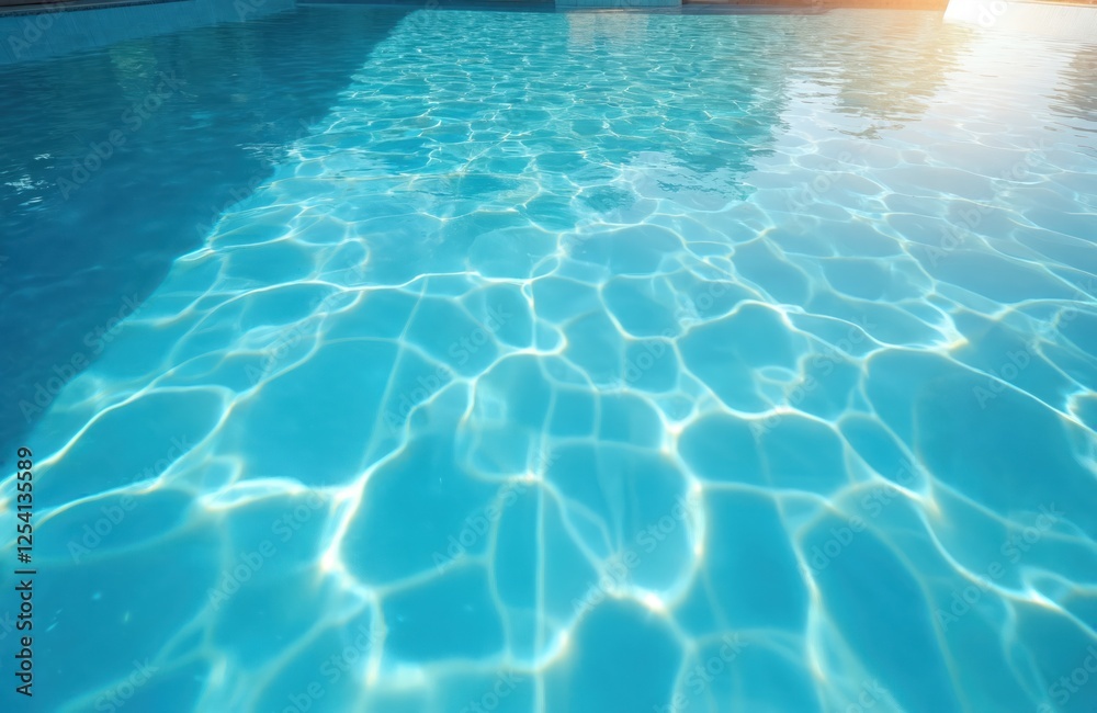 Blue water surface background of swimming pool with light reflections. Tiles shine in sunlight, creating clear, rippled texture. Summer vacation concept, leisure, relax, travel destination for Blue water surface background of swimming pool with light reflections. Tiles shine in sunlight, creating clear, rippled texture. Summer vacation concept, leisure, relax, travel destination for