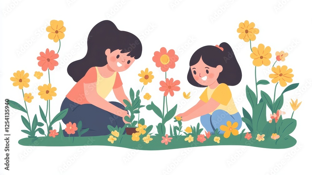 Mom and Daughter Planting Flowers in the Garden A mother and daughter planting flowers together in their backyard garden, with the flowers blooming beautifully. Mom and Daughter Planting Flowers in the Garden A mother and daughter planting flowers together in their backyard garden, with the flowers blooming beautifully.