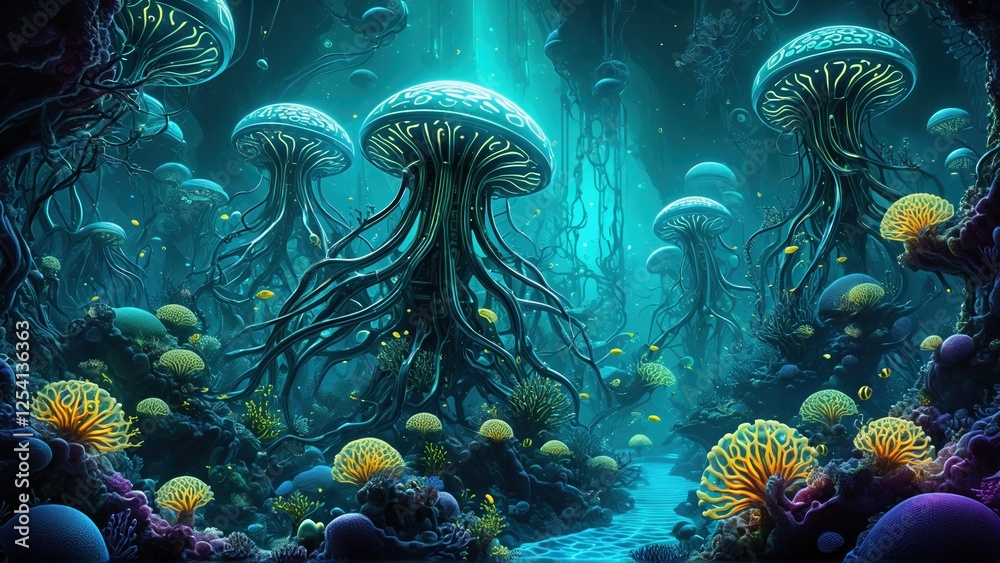 Obraz premium Organic Bioluminescent Structure Seamless Texture. Eco-tech branding, marine science visuals, biotech advertisements, futuristic nature conservation graphics