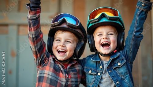Two kids in goggles, helmets celebrate win with raised arms. Triumph and childhood excitement spirit. Joyful boys smile. Success. Friendship, energy, playful mood for sport event.