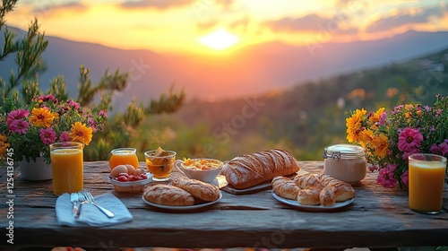 Outdoor breakfast at sunset with mountain views photo